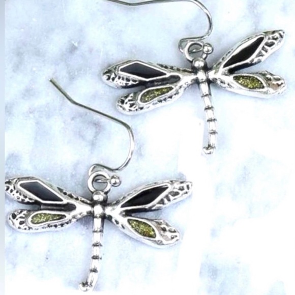 “Dragonfly” Firefly Silver Black & Green Iridescent Glitter Winged Insect Dangle - Picture 4 of 16
